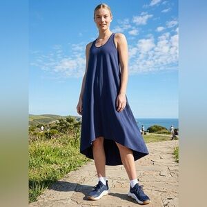 Athleta Presidio Traveler Women High-Low Maxi Dress Size M Navy Blue Oversized